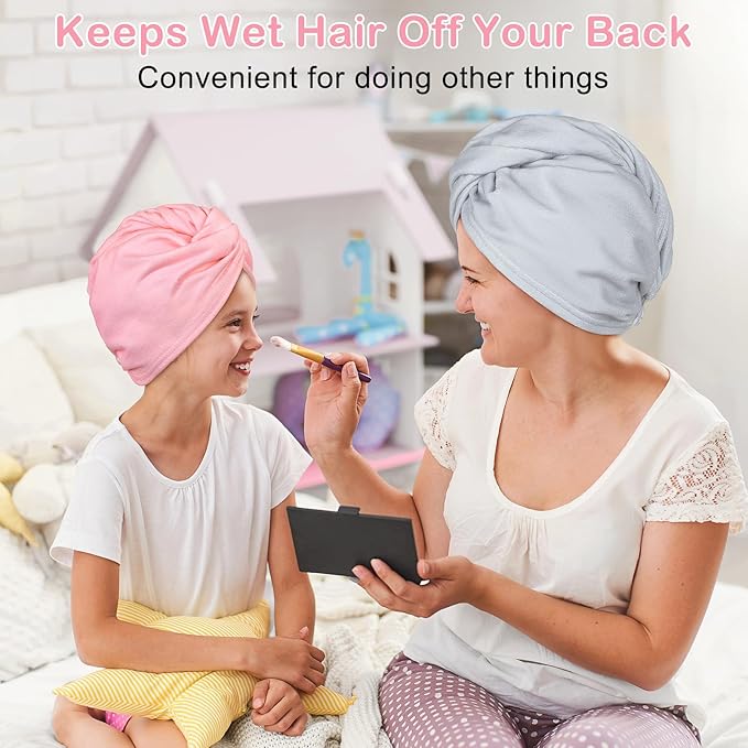 Basumee Microfiber Hair Towel Wrap for Kids 2 Pack Rapid Drying Hair Towel with Button Hair Turbans for Wet Hair Wraps Head Towel Wrap for Women and Girls