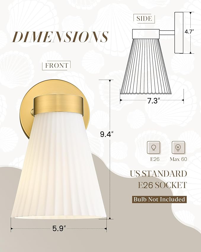 Gold Wall Sconces Set of Two, HWH Modern Bathroom Vanity Sconce Wall Lighting Indoor Wall Lamp with Frosted White Striped Glass, 5HZG97B-2PK BG
