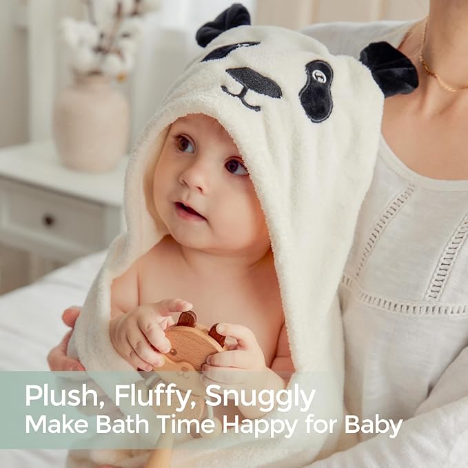 Momcozy Baby Bath Towels with Visualize Health Label - Ultra Soft & Absorbent Coral Fleece Hooded Towels for Newborn, Infant, Toddler (0-36 Months) Bath Essentials (Large Size,2 Pack)