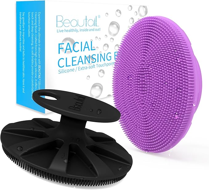 BEAUTAIL Silicone Face Scrubber 2 Pack, Manual Facial Cleansing Brush, Gentle Face Exfoliator for Sensitive Skin, Skin Care Exfoliating Face Brush for Men and Women, Black+Purple