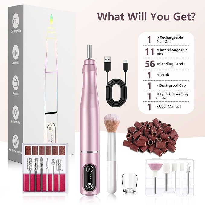 TUOBEO Cordless Nail Drill Electric Rechargeable File Kit, Professional Efile Acrylic Gel Nail Polish Remover Pedicure Manicure Machine Portable Set with 11 Bits 56 Sanding Bands for Salon Home Pink