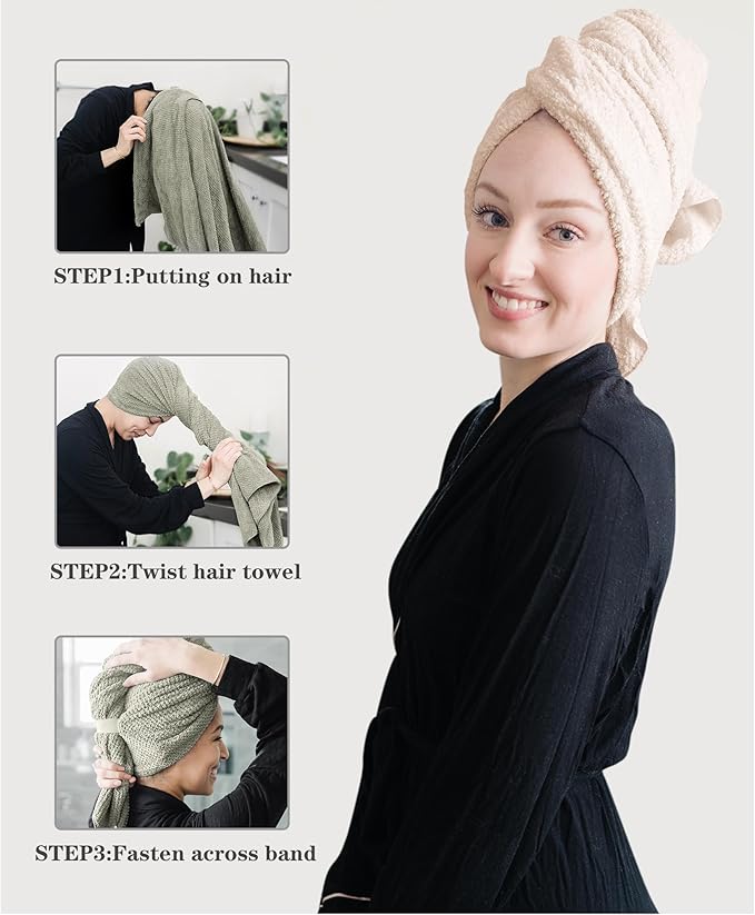 ROLSHOL 2 Packs Large Microfiber Hair Towels for Women, Super Absorbent & Quick Dry Hair Towel Wrap for Curly Hair Long & Short Hair- Anti-Frizz Hair Turbans for Wet Hair (Green & Clay)