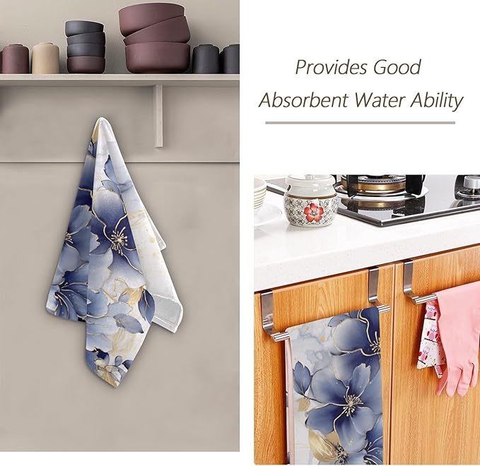 Abstract Blue Golden Floral Leaves Hand Towels for Bathroom Set of 2,Navy White Marble Floral Decorative Bathroom Towels for Bath,Face,Hair,Soft Absorbent Dish Towels for Kitchen Decor 28"x14"