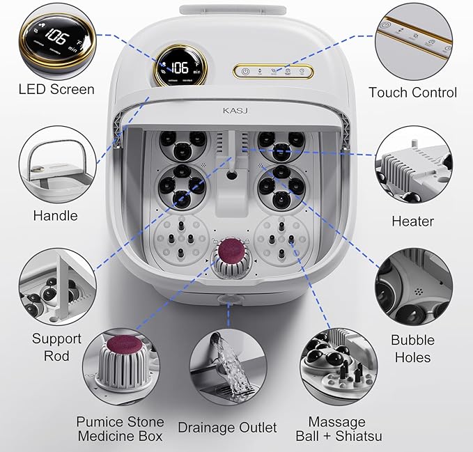 KASJ Collapsible Foot Spa with Electric Rotary and Hydro-Jet Massage, Foot Bath with Heat, 24 Shiatsu Nodes (16 Rotating and 8 Pressing), Bubble, Temp Control, Pedicure Foot Spa Tub for Stress Relief
