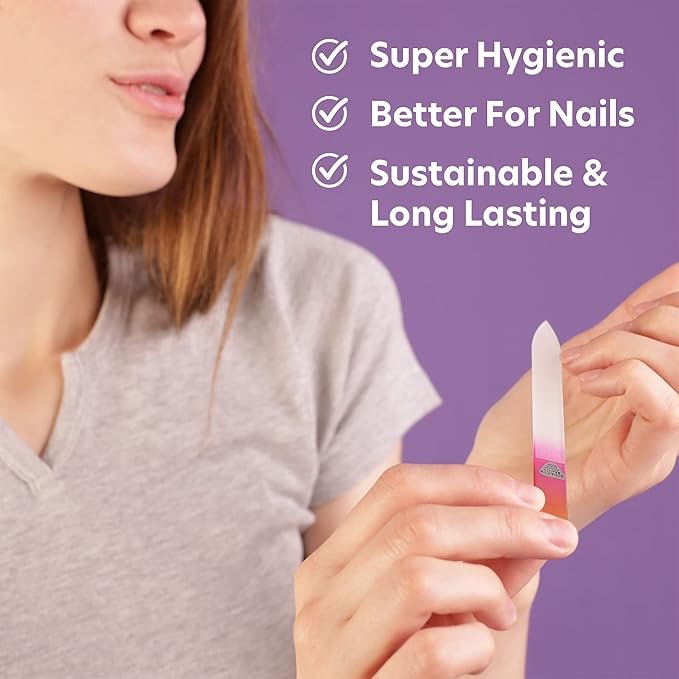 Bona Fide Beauty Glass Files for Nails, Professional Manicure Glass Fingernail Files with Case. 1-Piece Gold Magenta Nail File Made in the EU.
