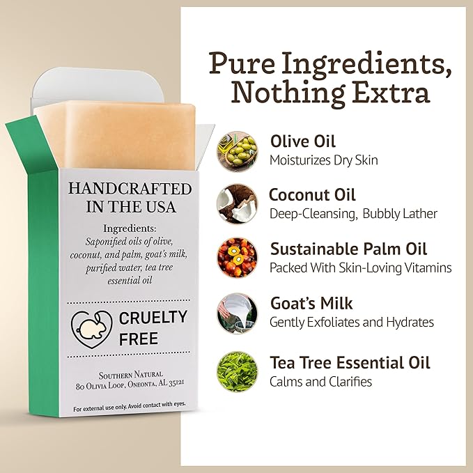 Southern Natural Goat Milk Soap Bar (Tea Tree 3 Pack) Face & Body Soap For Dry, Sensitive Skin. Natural, Handmade Soap For Men, Women & Teens