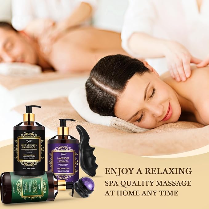 Pjordo 3 Pack Massage Oil for Massage Therapy, Lavender Oil for Relaxation, Sore Muscle Arnica Oil & Cellulite Massage Oil, with Massage Roller Ball & Thumb Saver Tool, Mothers Day Gifts for Wife