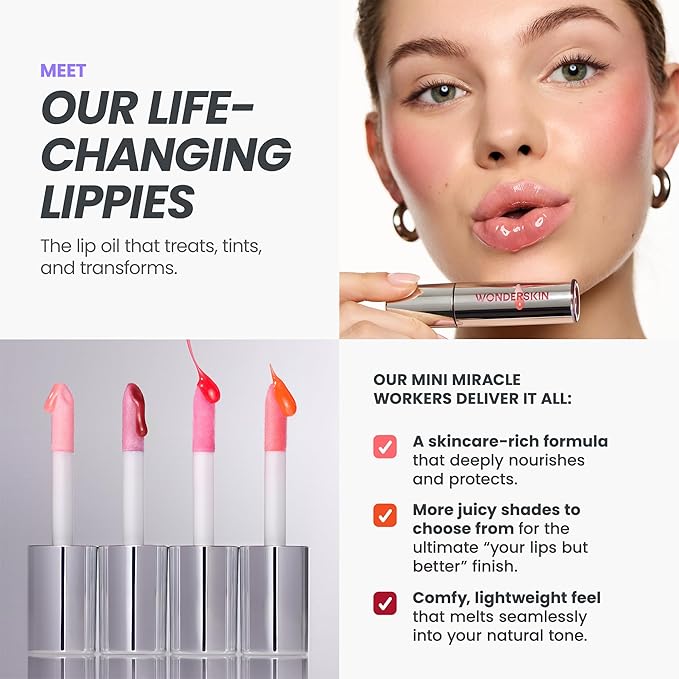 Wonderskin Lip Oil Rehab Serum - Tinted Lip Oil for Women, Hydrating, Moisturizing, and Non-Sticky Red Tint Serum for Dry Lips (Amour)