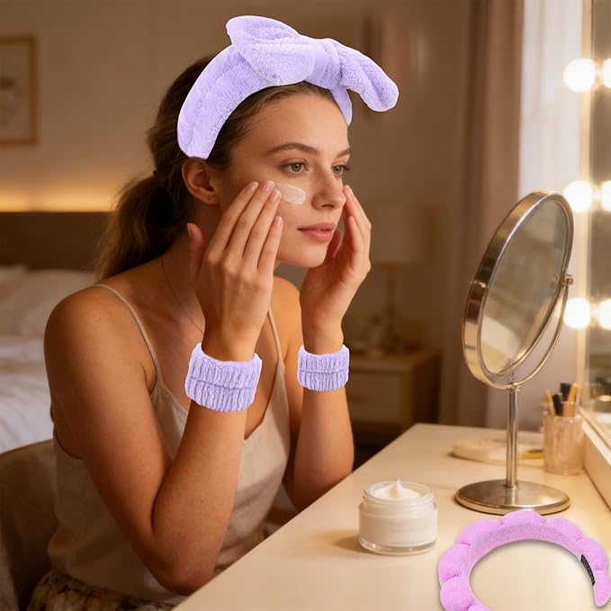 Purple Spa Headband and Wristband Set, 6 PCS Microfiber Skincare Hair Band with Bow & Cloud Design, Soft Elastic Face Washing Accessories for Makeup, Shower Routine