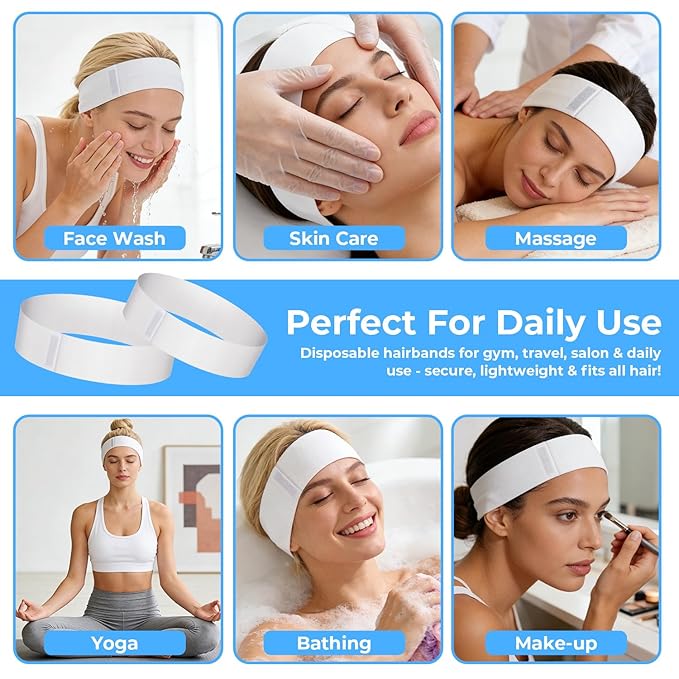 Noverlife 100PCS Disposable Spa Facial Headbands, Elastic Headband Wrap with Adjustable Magic Tape, Stretch Non-Woven Facial Bandeau, Soft Skin Care Essential Headband with Convenient Closure