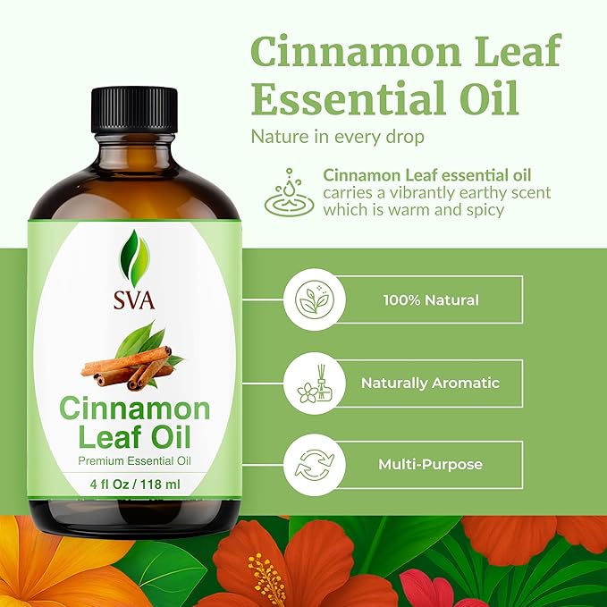 SVA Cinnamon Leaf Essential Oil – 4 Fl Oz – 100% Natural Cinnamon Oil - for Diffuser, Hair Care, Face, Skin Care, Aromatherapy, Scalp and Body Massage, Soap and Candle Making – with Dropper