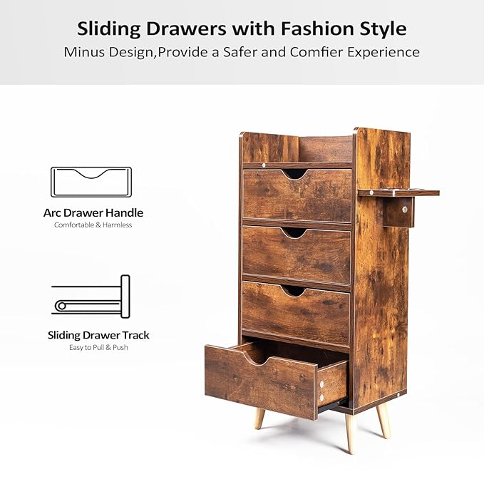OmySalon 4 -Layer Salon Station Storage Cabinet, Beauty Barber Styling Stations, Hair Stylist Station Equipment with 2 Hair Dryer Holders, 4 Drawers and Raised Table Legs, Rustic Brown