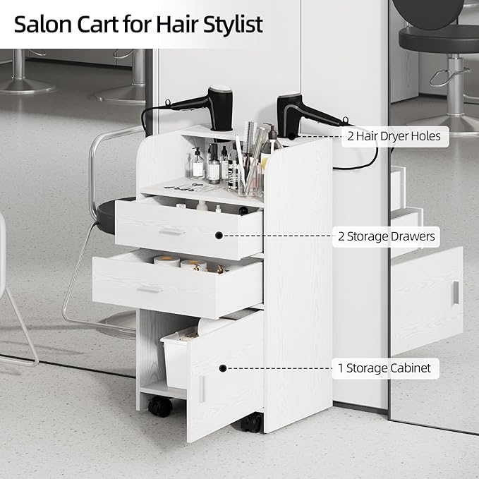4ever2buy Salon Station for Hair Stylist, White Beauty Barber Station, Salon Trolley Cart with Wheels, Mobile Organizer for Salon, Spa, Barbershop, Nail & Beauty Tools, White