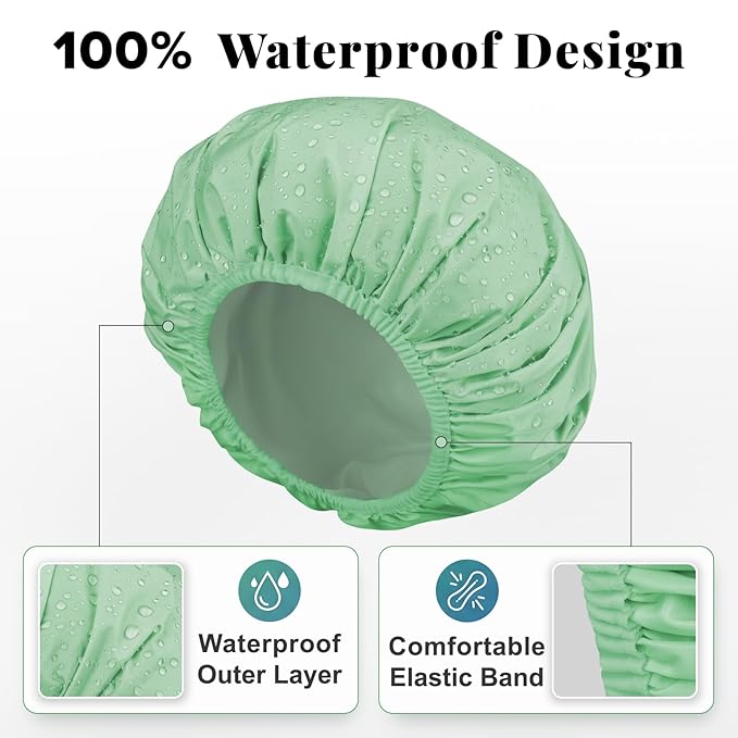 3Pcs Waterproof Shower Caps for Women, Reusable Shower Cap for Long Hair, Comfortable Bath Cap for Thick Curly Hair