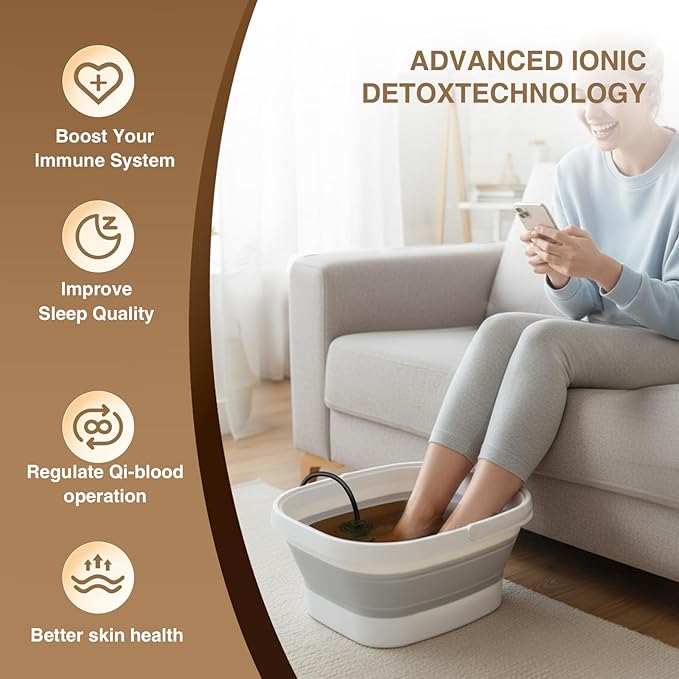 Ionic Foot Bath Detox Machine,Foot Detox Foot Bath Soak Tub with 2 Arrays,80 Disposable Foot Spa Liners, Sea Salt,Folding Foot Spa Bucket,Home Salon-Level Foot Soaking Tub