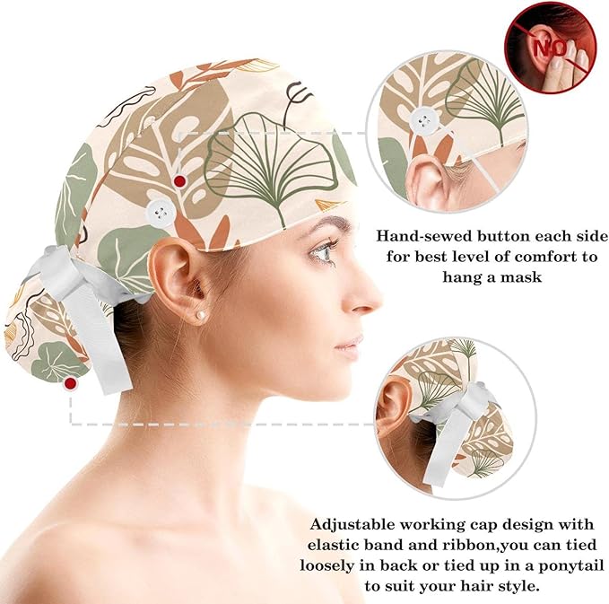 Women Working Cap with Buttons Bouffant Hat Autumn Leaves Nurse Scrub Caps Long Hair