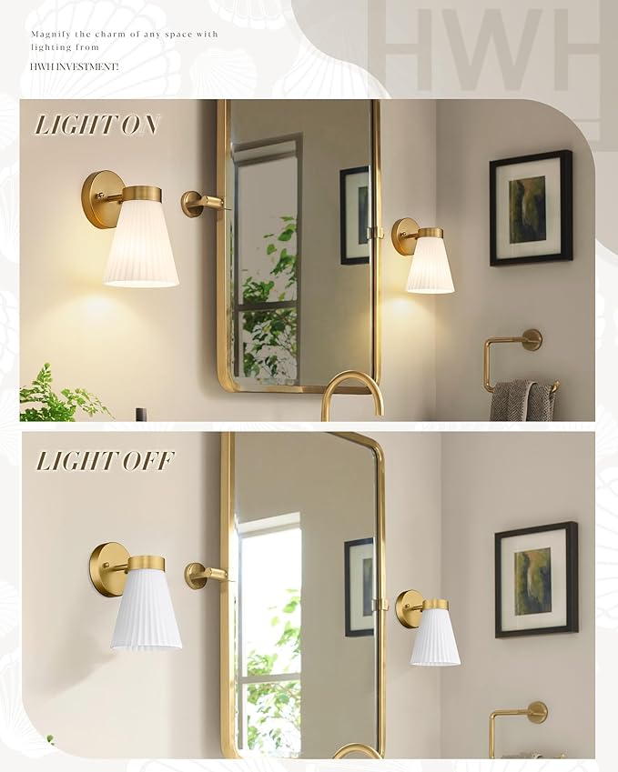 Gold Wall Sconce, HWH Single Wall Light Fixture Brushed Gold Wall Lamp with Frosted Milk White Striped Glass Shade, Modern Indoor Wall Sconce for Kitchen Bedroom Schoolhouse, 5HZG97B BG