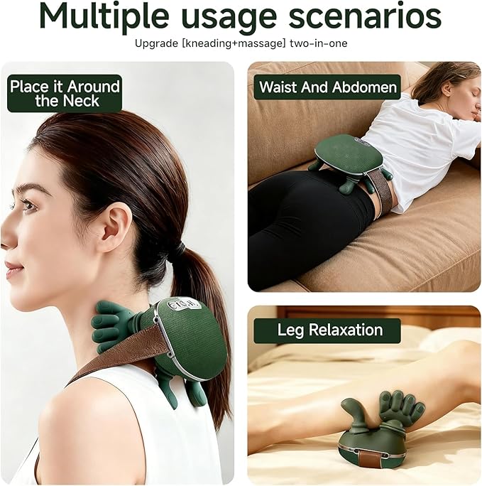 Cordless Neck Massager with Heat, 4D Bionic Shiatsu Neck and Shoulder Massager with Real Hand Kneading, Deep Tissue Back Massager for Home Office Travel, Gifts for Women Men(Green)
