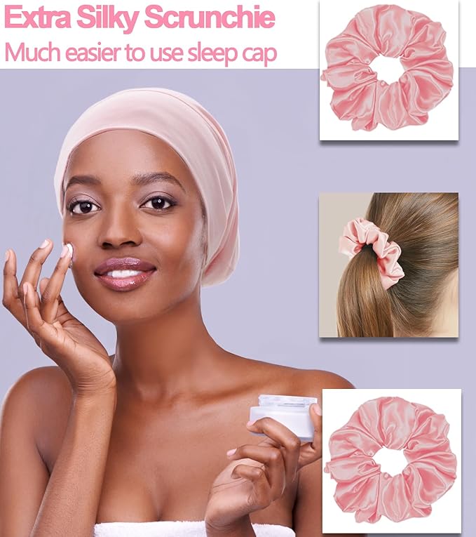 Sleep Cap Bonnet for Sleeping Black Women, Adjustable Cooling Ice Silk Lined Bonnet for Curly Braids Hair Cover Beanie Hat