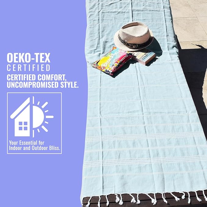 Beach Towel 100% Cotton Turkish Beach Towel Adult 38x70 Inch Pre-washed Absorbent Extra Large|Sand Free Quick Dry BathTowels|Lightweight Blanket|Travel Cruise Camping Spa Gym Sports Towel|Fair Aqua