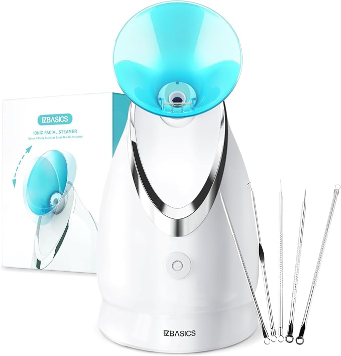 Facial Steamer EZBASICS Ionic Face Steamer for Home Facial, Warm Mist Humidifier Atomizer for Face Sauna Spa Sinuses Moisturizing, Unclogs Pores, Bonus Stainless Steel Skin Kit Blue