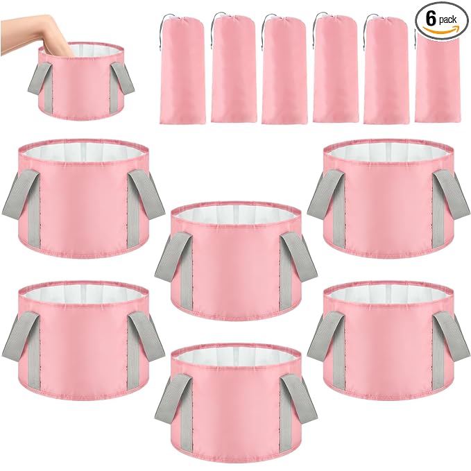 Maxcheck 14L 6 Pcs Pink Collapsible Foot Basin Tub Portable Soaking Feet Bath Bag Foldable Bucket with Handles Pedicure Foot Spa Tub for Travel Camping Outdoor Washing