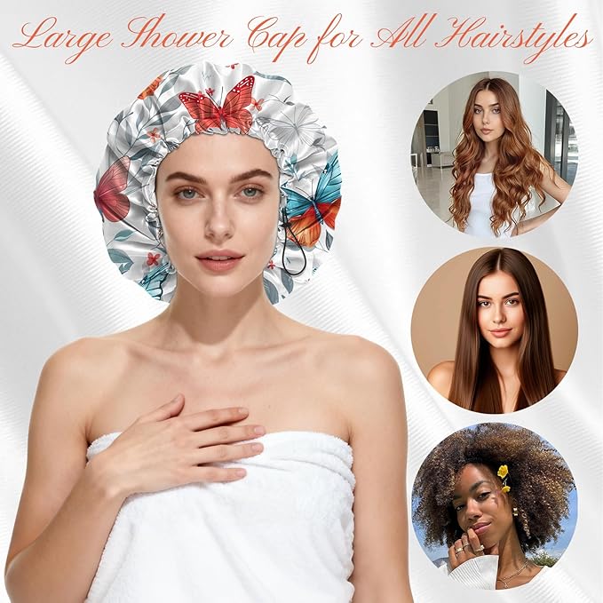 Shower Cap Reusable Double Layer Adjustable Elastic Waterproof EVA Hair Bath Caps for Women Girls Cute Aesthetic-Butterfly