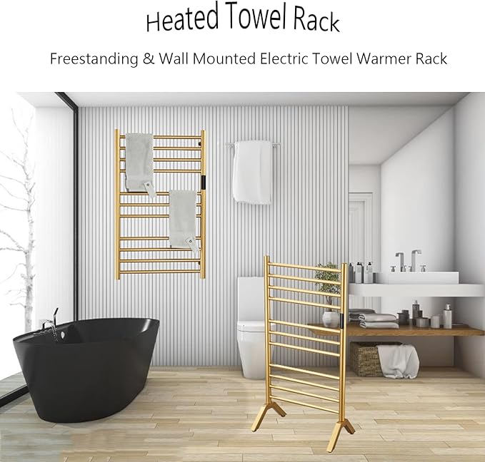Electric Towel Warmers Radiator with Timer Gold, 140W Wall-Mounted & Freestanding Heated Towel Drying Rack with 11 Bars, 304 Stainless Steel Heated Towel Rail for Bathroom, Plug-in