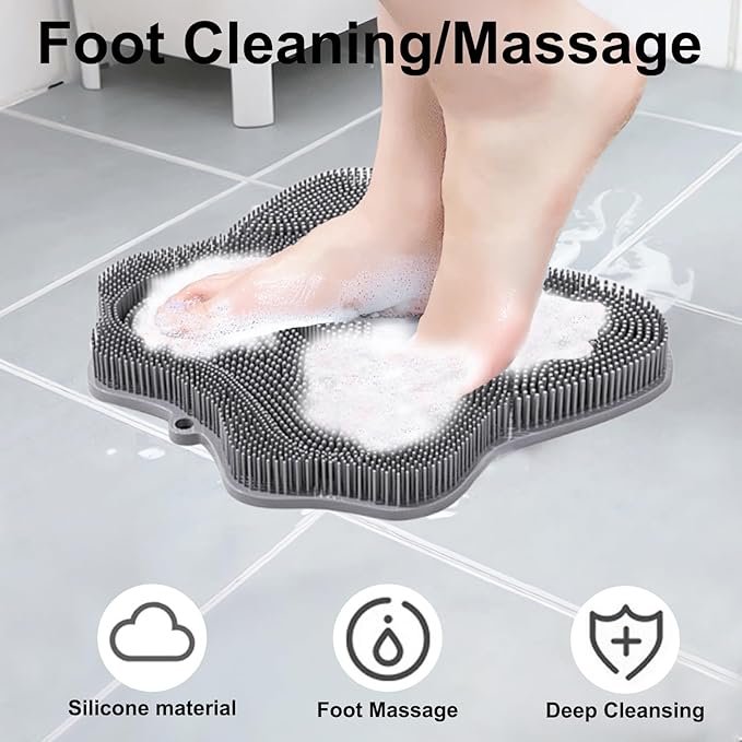 Shower Foot Scrubber, Shower Foot and Back Scrubber with Suction Cups, Shower Silicone Foot Washer for Exfoliating Massage（Grey&Blue）