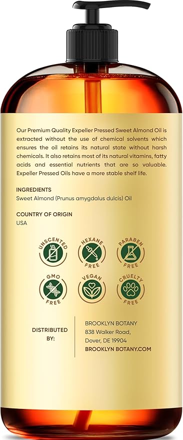 Brooklyn Botany Sweet Almond Oil | for Skin, Hair and Face | 16 Fl Oz | 100% Pure and Natural | Carrier Oil for Essential Oils, Aromatherapy and Massage | Hexane Free