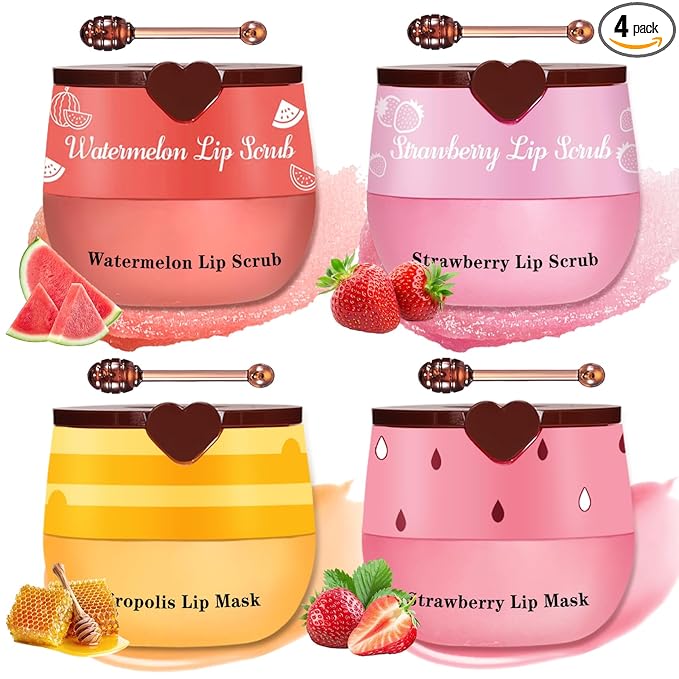 4PCS Lip Scrub and Mask Set,Strawberry and Honey Pot Lip Balm,Reduces Lip Lines Lip Exfoliator Scrub and Moisturizer,Repair Bee Lip Balm and Lip Scrub Set,Lip Mask Overnight