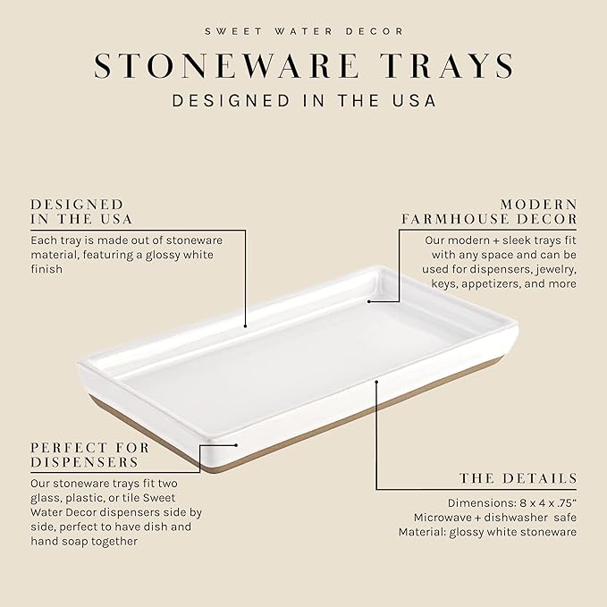 Sweet Water Decor Stoneware Tray for Home - White | Kitchen and Bathroom Dispenser Holder | Jewelry Dish | Glass Soap Holder for Bottles | Long Plate for Counter Tops | Vanity Décor