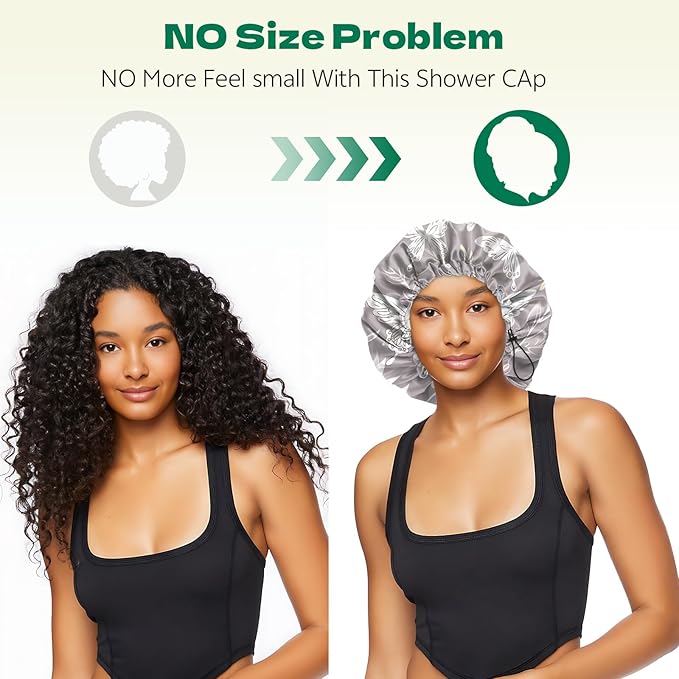 2 PCS Shower Cap Waterproof Double Layer Elastic Adjustable Reusable Hair Bath Caps for Girls Women Cute Aesthetic-White
