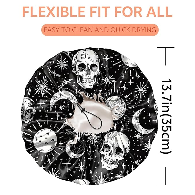 Shower Cap Reusable Double Layer Adjustable Elastic Waterproof EVA Hair Bath Caps for Women Girls Cute Aesthetic-Skull