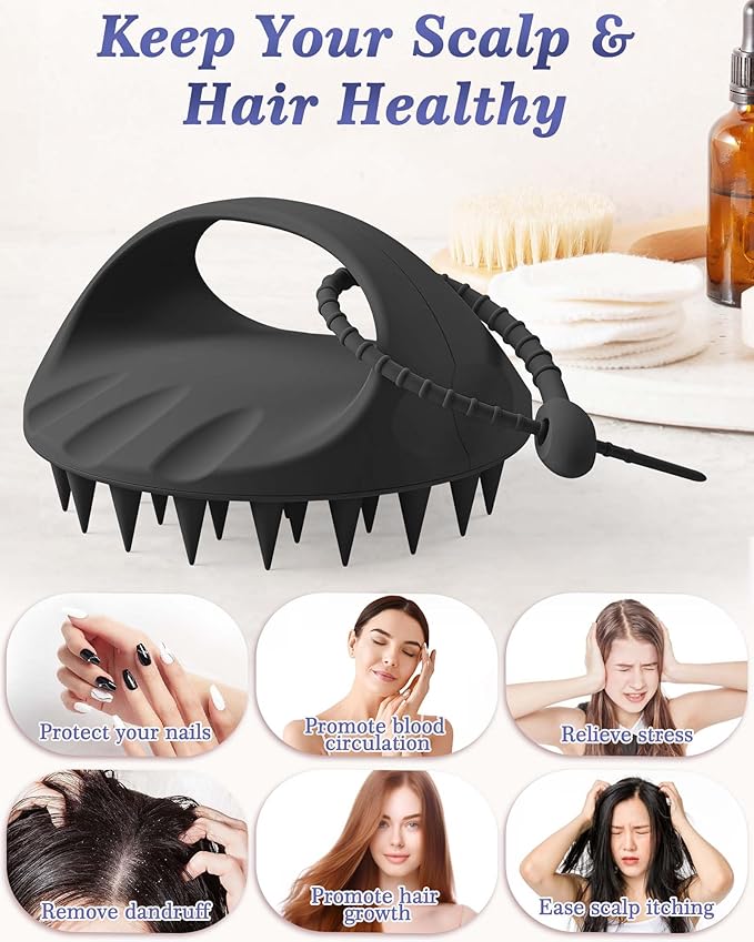 Manmihealth Large Hair Scalp Scrubber, One-piece Silicone Scalp Massager for Wet Dry, Long Bristles Shampoo Brush for Dandruff Removal and Hair Growth with Free Strap&Hook.(Style 2 Black)