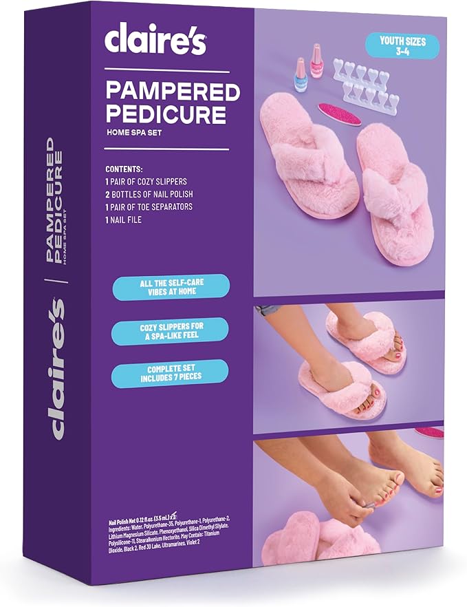 Claire's Kids Pedicure Kit, 7-Piece Home Spa Set with Fuzzy Slippers, Nail Polish, Toe Separators & Nail File, Kids Pedicure Tools for Feet, Girl Toys & Beauty Activity, Gift for Girls Age 8+