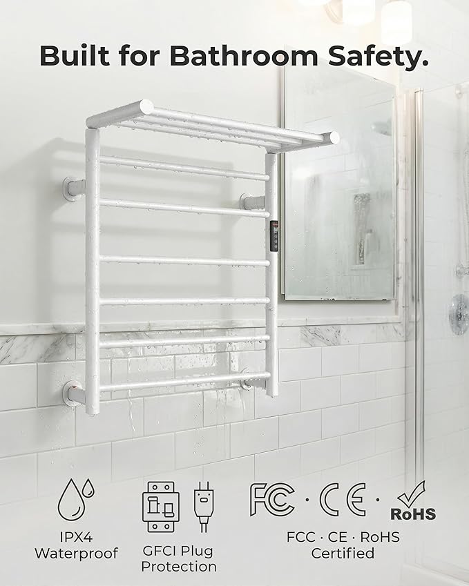 Foldable Heated Towel Rack, Dual-Zone Electric Towel Warmer Rack with Timer, GFCI Plug-in or Hardwired, Wall-Mounted, Drill-Free Installation, Matte White, CA3-900X550-Standard-MW