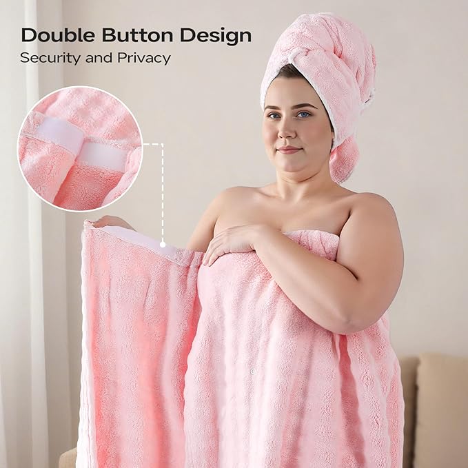 REDKISS Pink Plus Size Towel Wrap for Women, XL Adjustable Shower Wrap with Hair Towel, Super Absorbent Bath Towels Wrap for Body, Microfiber Plush Towel Wrap, Warmth Velcro Plus Size Wraps Towels