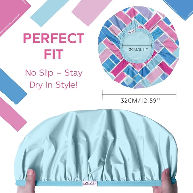 Years calm Waterproof Shower Cap for Women - Double-Layer Reusable Bath Cap with Elastic Band for Long/Short/Curly/Braids Hair, Washable & Travel-Friendly, Fit for Shower, Spa (Lattice Shower Cap)