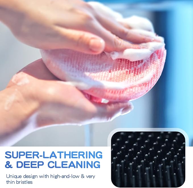 Manmihealth Silicone Back Scrubber & Soft Shower Face Brush Set 4 PCS(Thin Bristles), Super-Cleansing Body Scrubber & Strong Lathering Power Bath Glove Combination (Gray)