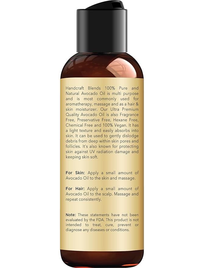 Handcraft Blends Avocado Oil - Cold-Pressed 4 Fl Oz - 100% Pure and Natural - Premium Grade Carrier Oil for Skin and Hair - Hair and Body - Massage - Hexane-Free