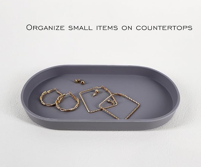 Gray Small Tray (10 inch), 3 Pack Oval Tray for Kitchen Counter, Bathtub Bathroom Vanity Items, Countertop Organizer, Coffee Accessory, Bar, Serving Seasoning, Salt and Pepper, Soap, Perfume.
