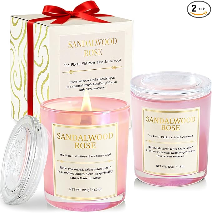 Scented Candles for Home, 2 Pack Wood Wick Sandalwood Rose Scented Candle,22.6 oz 150 Hour Long Burning Lasting, Natural Soy Wax Candles Gifts Set