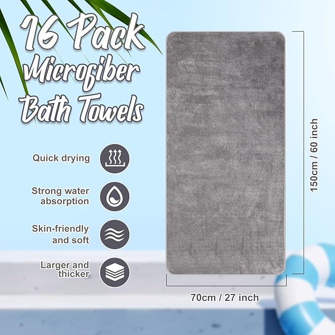 SmoothNovelty 16 Pack Microfiber Bath Towels Bulk 27'' x 60'' Oversized Size Bath Towel Highly Absorbent Extra Large Soft Drying for Beach Shower Summer Salon Sport Gym Party (Wheat,Light Grey)