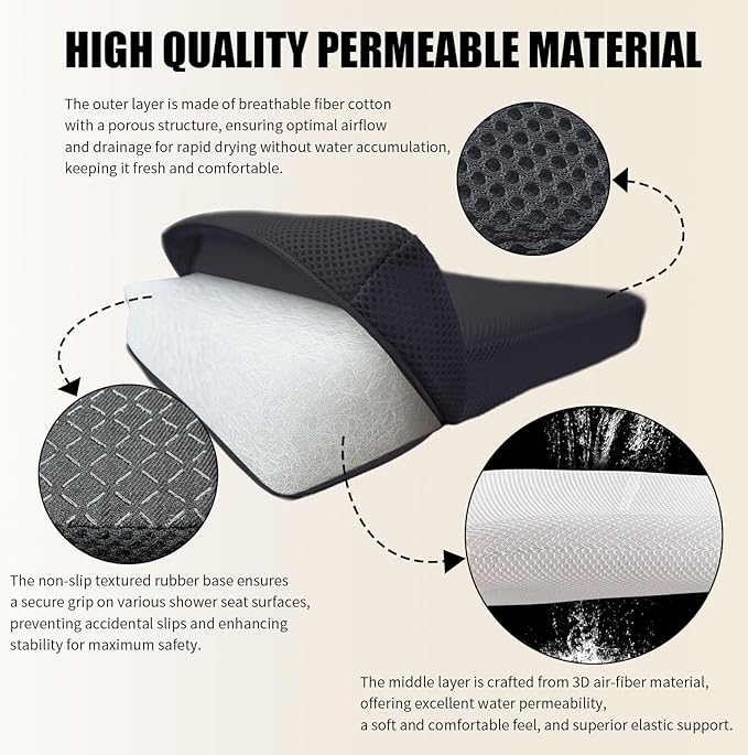 Shower Seat Cushion,Thickened Shower Chair Cushion 4D Air Fiber Material,Machine Washable and Fast Drying Suitable for Shower Seats Bathtub Baths, Poolside & Rest Dressing Room Seats，Black