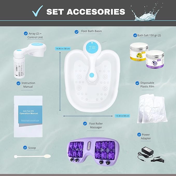 Ionic Foot Bath Detox Machine, Portable Pedicure Spa Bath Massager, Feet Soaking Tub for Home, Personal Relaxation & Cleanse Bio-Energizer, Includes 2 Arrays, 1 Acupoint Massage Roller & 2 Sea Salts