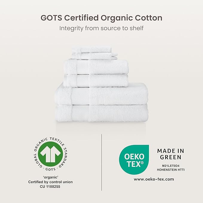 BIOWEAVES 100% Organic Cotton 700 GSM Plush 6-Piece Towel Set GOTS Certified, 2 Bath Towels, 2 Hand Towels & 2 Washcloths - White
