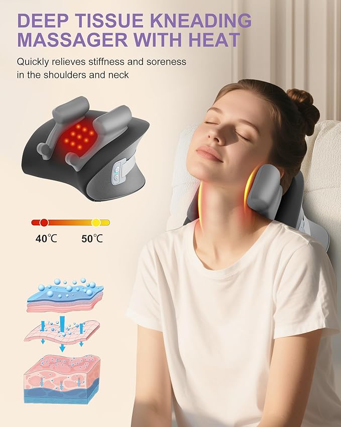 Shiatsu Neck Massager with Heat, Cordless Portable Cervical Traction Device with 10-Minute Timer for Full Body Muscle Pain Relief, Electric Deep Tissue Kneading Massage Pillow(Black)