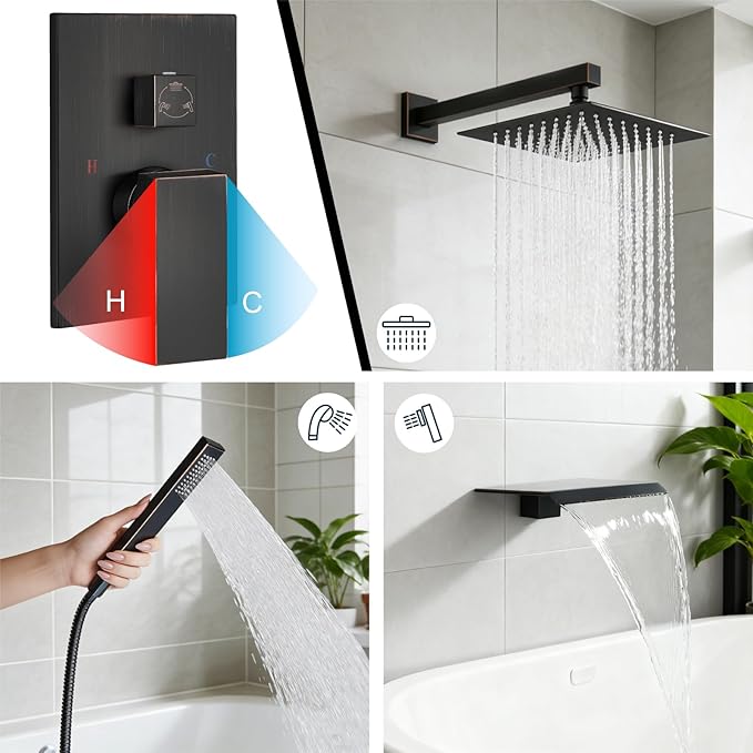 Midanya Shower System with Tub Spout,Bathtub Shower Faucet Set with Square Rainfall Head and Handheld Sprayer Wall Mount Tub Faucet Set with Valve and Trim Kit,10 Inch Oil Rubbed Bronze
