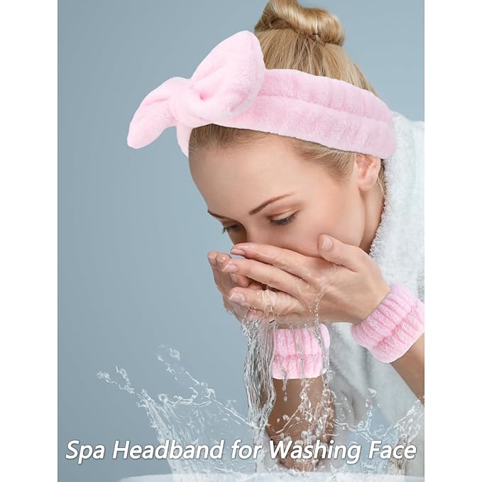 VELSCRUN Spa Headbands for Wash Face, Makeup Headband, Facial Skincare Headbands, 5 Pcs Pink Puffy Sponge Spa Headband Bow Tie Hair Band Hair Clips Wristband Set Women Girls Accessories